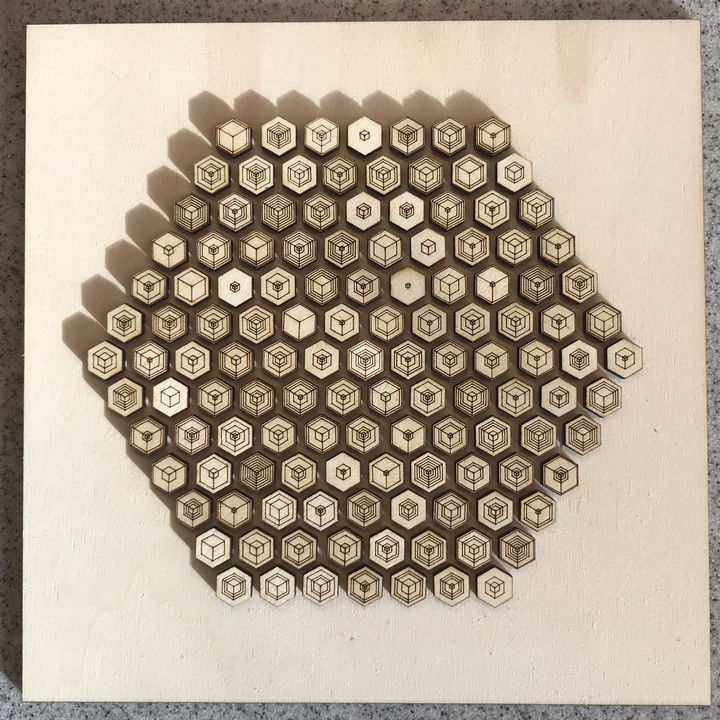 7 bits hexagons, 3D, shuffled, in a hexagon