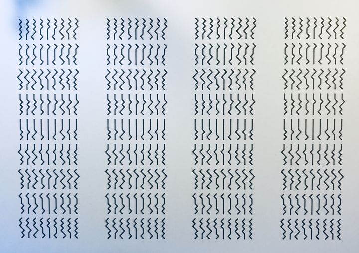 4 trits stick figures, triangles, black on white, in sequence