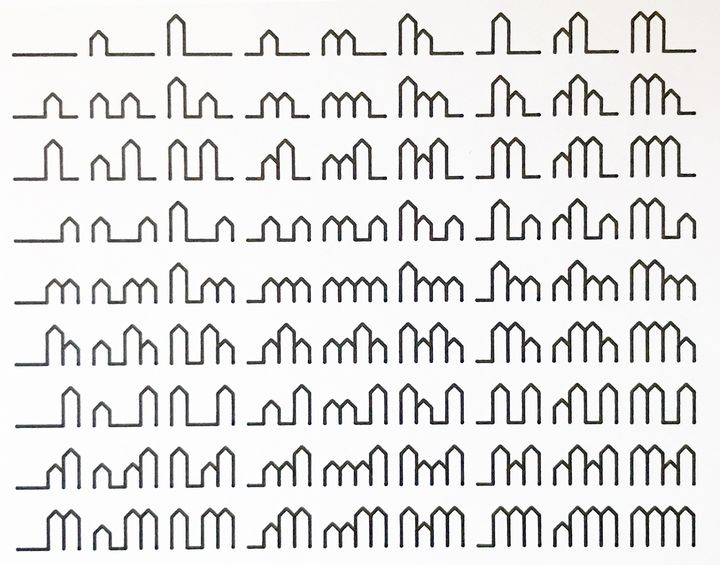 4 trits blocks of houses, black on white, in sequence and apart