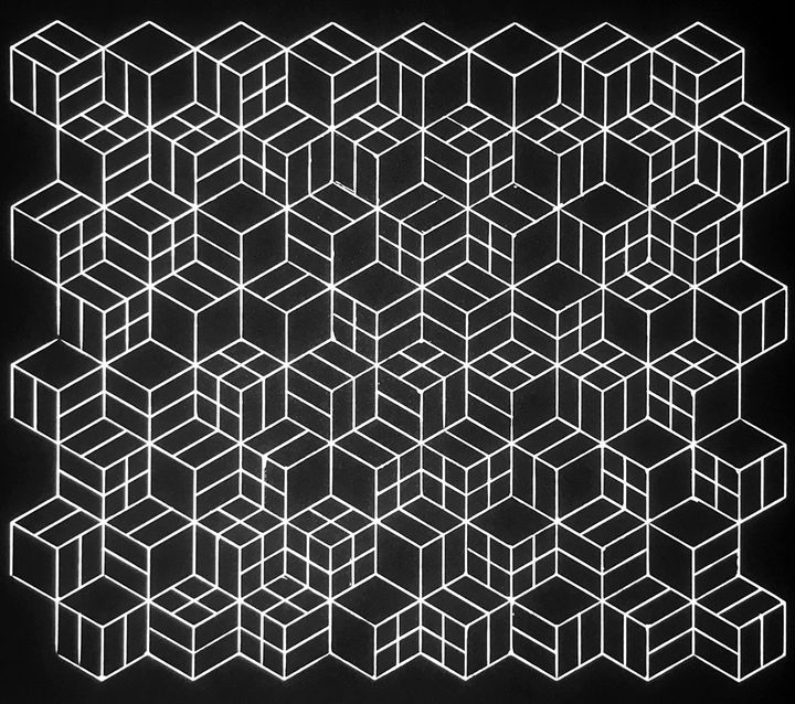 6 bits binary 3D cubes, white on black, shuffled